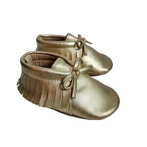 Old Navy Gold Baby Moccasins Shoes Sz 3-6mos / Fringe & Bow